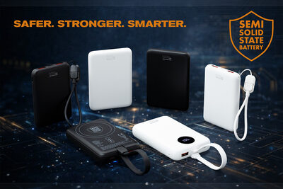 Zes zwarte en witte REEVES-powerbanks met ingebouwde kabel op een donkerblauwe achtergrond, onder de kopregel “Safer. Stronger. Smarter.” en een schildlogo “Semi Solid State Battery”.
